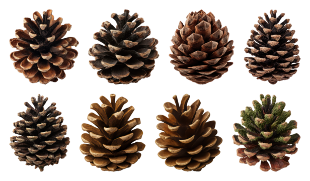 PNG Variety of natural pinecones displayed, transparent background