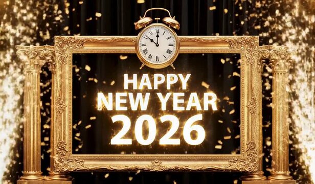 A luxurious New Year's Eve celebration for 2026 with a vintage clock, golden frame, and falling confetti against a dark background
