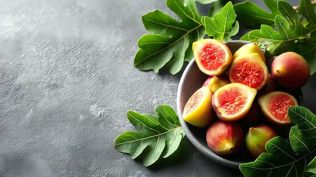 Fresh ripe figs and green leaves on gray textured table, flat lay, space for text, under soft natural light highlighting color and texture, serene culinary scene, calm table lighti