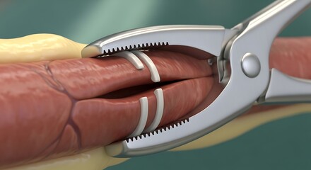 Close up of surgical clamp holding tissue with plastic retractors, medical procedure