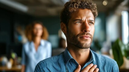 Man feeling jealous of his successful colleague receiving congratulations in office, selective focus, under soft office light highlighting emotion and tension, serene workplace sce