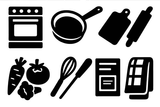 Bold Kitchen Icons. Kitchen Workshop Icons silhouette icons set: stove, pan, cutting board, rolling pin, vegetables, whisk, recipe card, towel.