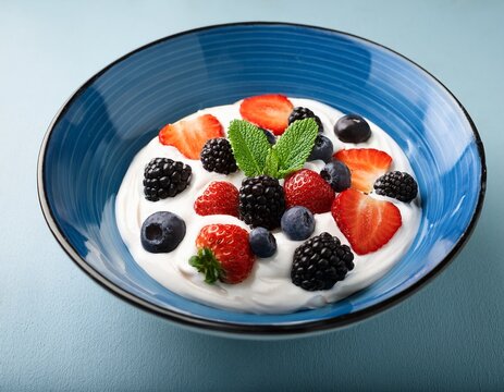 berries with cream strawberries blackberries blueberries and mint in a blue bowl - Powered by Adobe