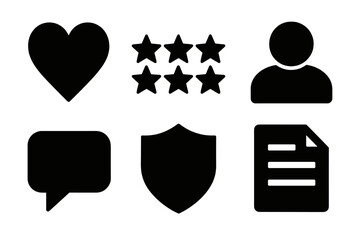 Brutalist Trust Icons. Customer trust silhouette icons set: heart, star rating, user avatar, shield, chat bubble, document.