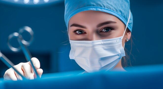 Focused female surgeon in sterile surgical attire, holding precision instruments, reflects the critical nature of modern medical procedures and dedicated patient care