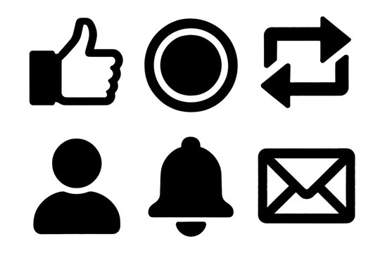 Social Media Icons. Social Media Engagement silhouette icons set: like button, story circle, repost arrow, follower icon, notification bell, direct message.