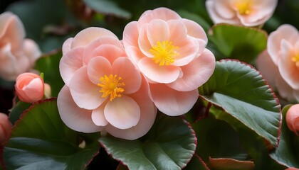 closeup of pale pink begonia flowers with yellow centers and lush green foliage