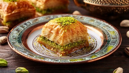 closeup of delicious baklava with pistachios on a decorative plate wood table