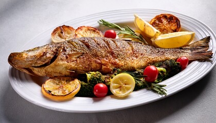 closeup of whole baked fish with lemon and vegetables on a white serving platter