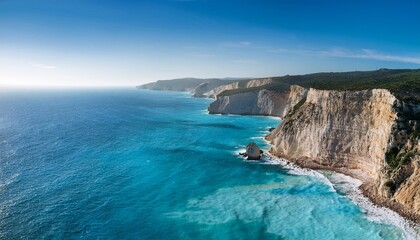 coastal cliffs with turquoise water sunny day aerial wide shot scenic seaside background