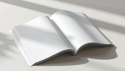 Blank open book on a white surface with soft shadows