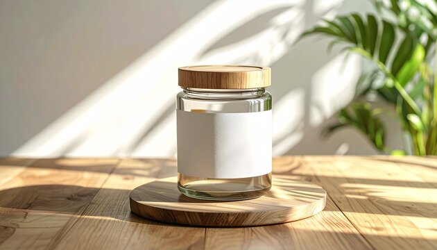 Empty glass jar with a bamboo lid and blank white label for product mockup, placed on a wooden table with natural light and plant shadows