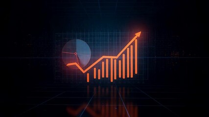 Glowing orange upward arrow and rising bar chart with pie chart on dark reflective digital background - Powered by Adobe