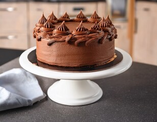 delicious chocolate cake with chocolate frosting on cake stand kitchen backdrop