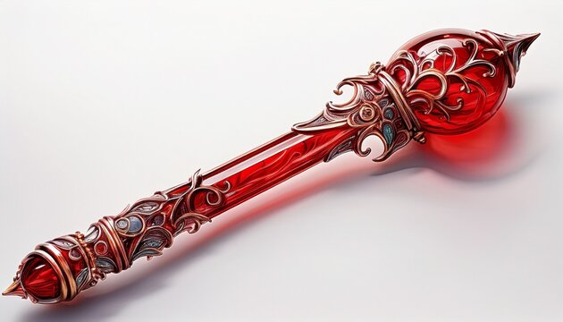 decorative red glass scepter with intricate patterns on white background