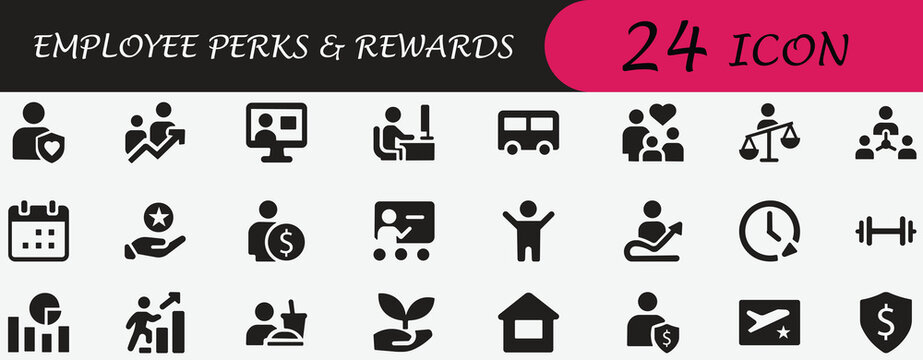 Modern employee perks and  rewards icon set for HR, corporate workplace, benefits, compensation, wellness, support, onboarding, growth and  performance visuals
