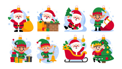 Merry Christmas Festive Collection: This illustration captures the spirit of Christmas. Santa Claus and elf, each depicted in various poses. With the presence of ornaments, trees, and gift.
