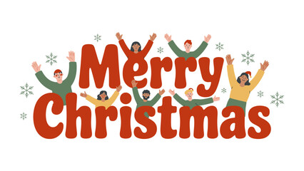 Joyful Christmas Greetings: A vibrant festive scene of Merry Christmas and cheerful, diverse individuals celebrating the joyous holiday spirit, radiating warmth and happiness. 