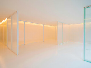 Minimalist Interior with Translucent Walls and Warm Lighting