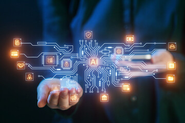 Exploration of artificial intelligence through digital circuits and icons in a futuristic setting