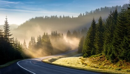 foggy mountain pass with pine forest early morning light beams