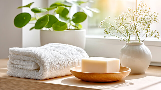Helle, minimalistische Badezimmer- und Spa-Szenen mit klaren Mockups f&uuml;r Flaschen, Tiegel, Seifen und Handt&uuml;cher. Sanftes Tageslicht, nat&uuml;rliche Materialien und ruhige Oberfl&auml;chen