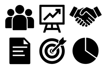 Brutalist Work Icons. Team quota silhouette icons set: group of people, chart board, handshake, document, target circle, pie chart.
