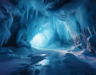 ice cave interior with glowing light cold tones unique frozen texture natural background