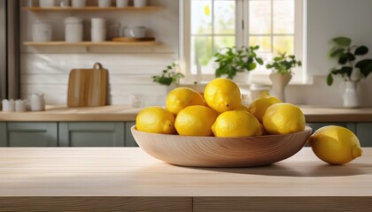 lemons in a bowl on a light wood table in a bright kitchen