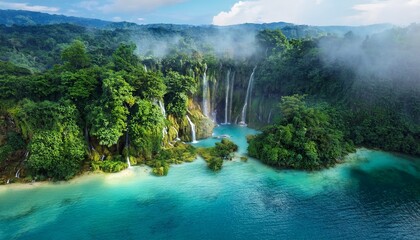 lush emerald jungle cliffs with waterfalls plunging into turquoise lagoon mist rising cinematic wide aerial view