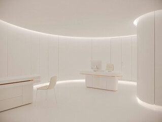Minimalist white reception area with curved walls office