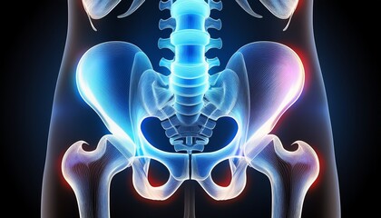 pelvis radiograph xray hip joints spine femur bones and medical scan on black
