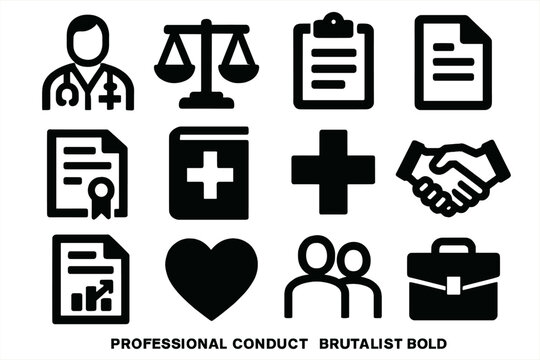 Brutalist Professional Icons. Professional Conduct silhouette icons set: doctor, scale, clipboard, document, certificate, law book, cross symbol, handshake, report, heart, people.
