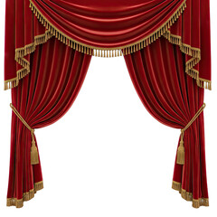 Luxury Deep Red Velvet Stage Curtains With Gold Fringe And Tassels Illuminated By Soft Light