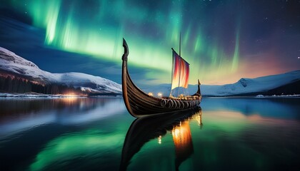 viking longship on a tranquil lake under a vibrant aurora borealis