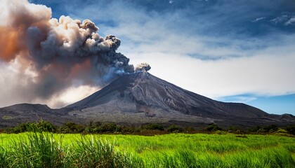 volcano erupting with smoke billowing above green grass on foreground and cloudy sky