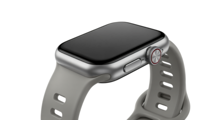 Sleek modern smartwatch with silver casing and grey band displays a blank screen ready for customization or information