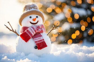 Smiling Snowman in Winter Landscape with Bokeh Lights