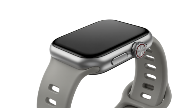 Sleek modern smartwatch with silver casing and grey band displays a blank screen ready for customization or information