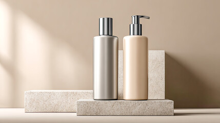 Helle, minimalistische Badezimmer- und Spa-Szenen mit klaren Mockups für Flaschen, Tiegel, Seifen und Handtücher. Sanftes Tageslicht, natürliche Materialien und ruhige Oberflächen