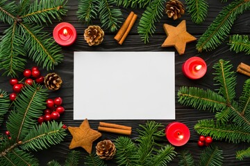 Festive Holiday Flatlay with Pine Branches, Star Anise, and Blank Paper