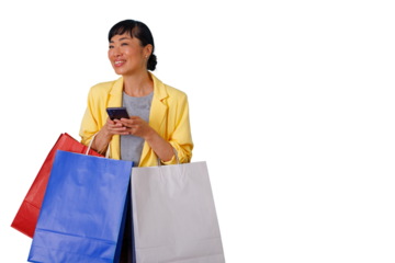 Asian woman online shopping using phone, holding colorful bags, enjoying retail therapy and modern consumerism, transparent background