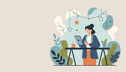 Remote work concept Woman uses technology at a cozy decorated desk with plants and coffee