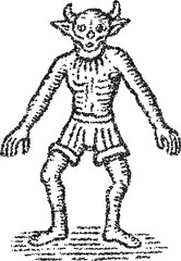 Fototapeta premium A mischievous goblin or imp character with small horns, illustrated in a classic stipple style. Vector graphic for fantasy, role-playing games, and folklore themes, isolated on white