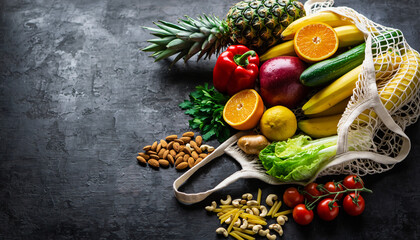 Fresh Healthy Organic Grocery Bag Full of Vibrant Fruits Vegetables Nuts and Pasta on a Dark Textured Background healthy eating
