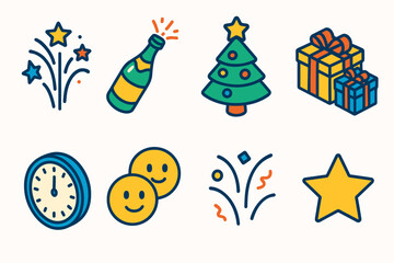Festive Celebration Icons. Seasonal Celebration Joy flat icons: fireworks, champagne bottle, Christmas tree, wrapped gifts, clock striking twelve, smiling faces, confetti, star.