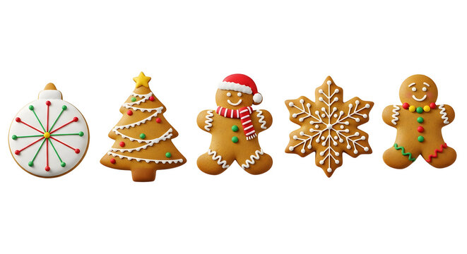 A delightful assortment of festive Christmas cookies including a bauble, tree, gingerbread man, snowflake, and gingerbread boy