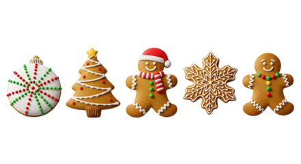 A festive collection of decorated Christmas gingerbread cookies, including a tree, snowflake, and gingerbread men, isolated on a white background