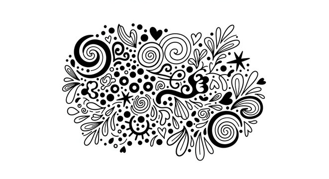 Elegant black and white abstract design with swirling lines, hearts, and stars, perfect for modern art prints, creative projects, and stylish branding