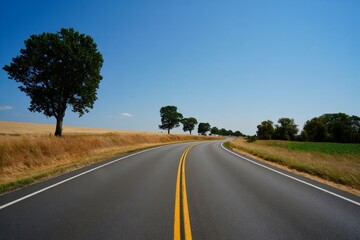 Open Road Through Rural Landscape with Blue Sky